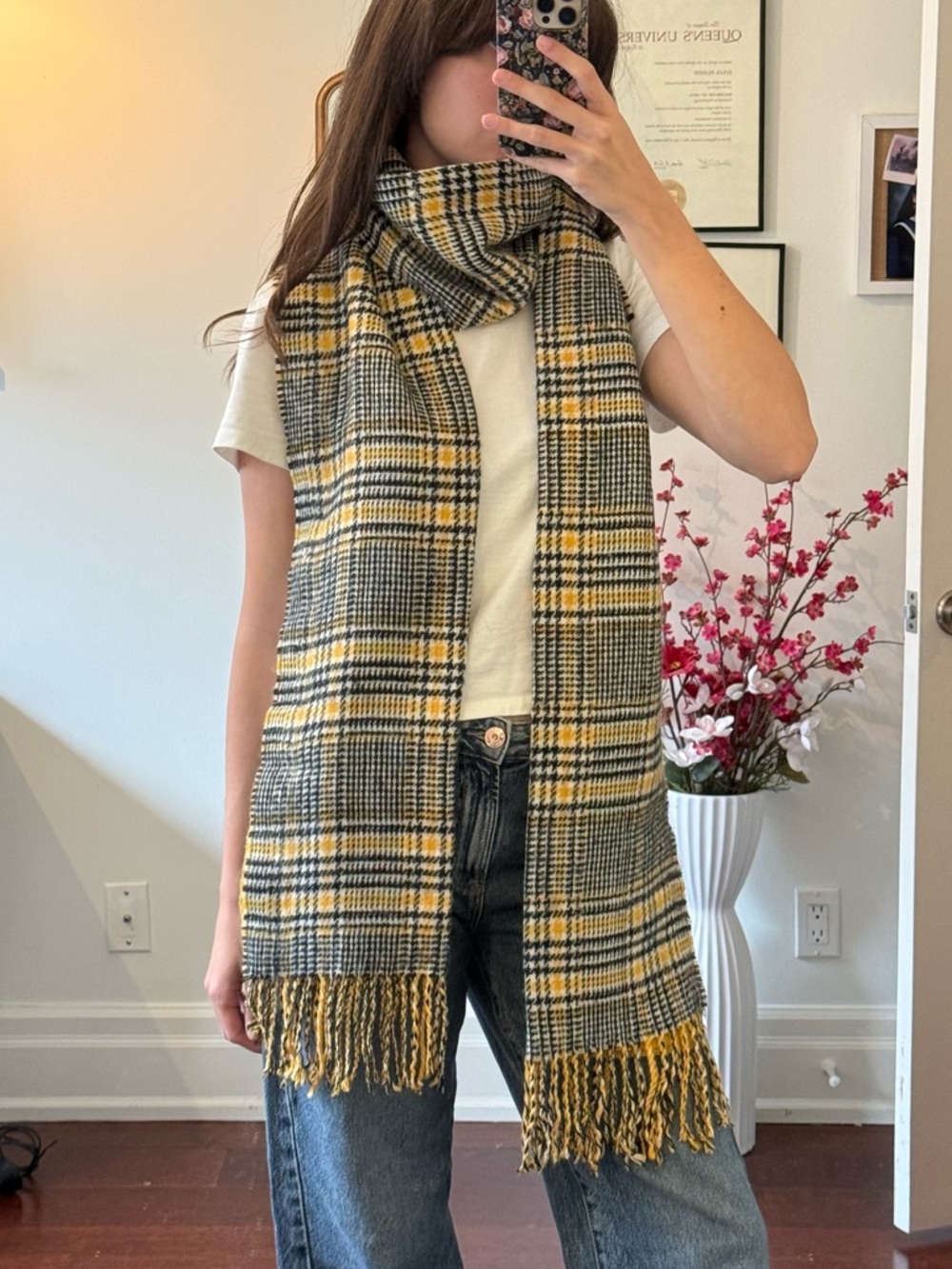 Topshop Yellow Black Cream Plaid Fringe Scarf
